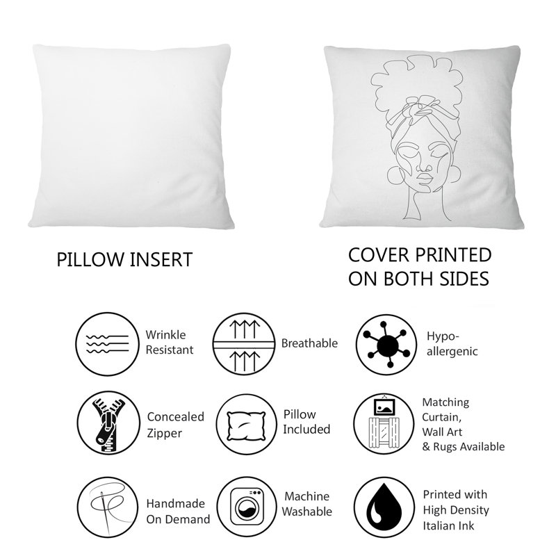 «Black Woman Afro Portrait One Line Art», coussin décoratif imprimé Glam 12 po x 20 po