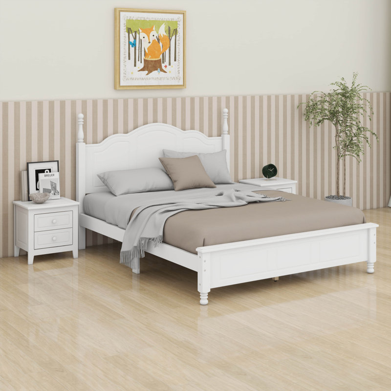 Ensemble de chambre à coucher moderne 3 pièces avec lit plateforme et 2 tables de chevet avec tiroirs, Lit double, Blanc