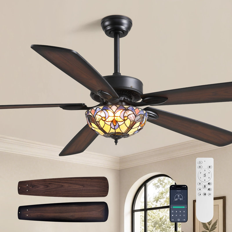 Lustre 65 pouces de style ventilateur Tiffany avec télécommande 6 vitesses réversible 5 pales double brun noir rétro