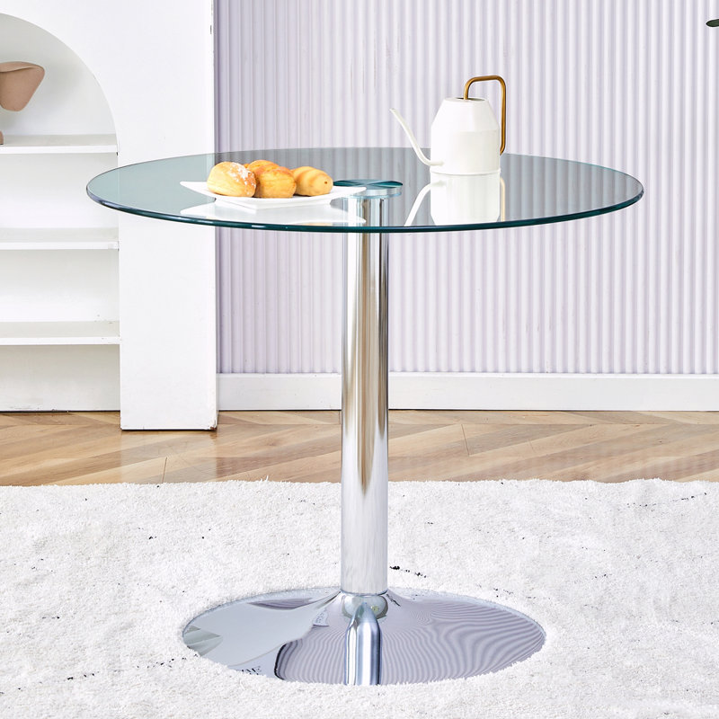 Table de salle à manger ronde minimaliste avec pattes en métal, Transparent / argent