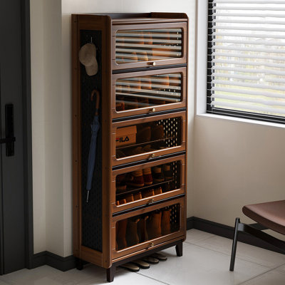 Meuble à chaussures de luxe léger en bois massif avec porte à charnière en verre thé