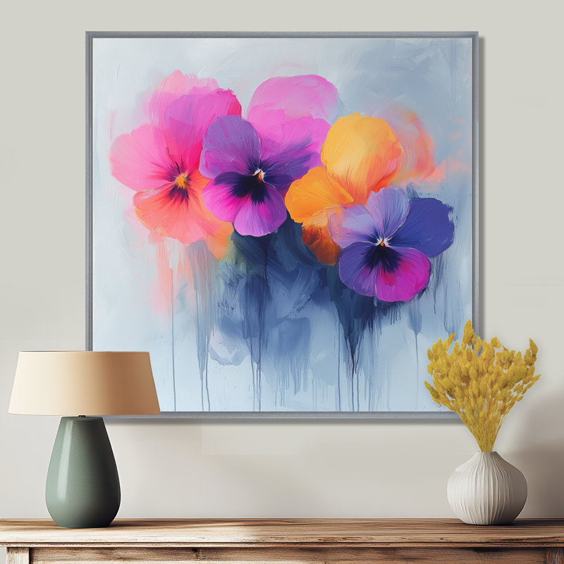Nyemia Pansies Watercolor Minimimal Blooms - coquelicot, art mural, H 36 po x l 36 po, Impression encadrée flottante