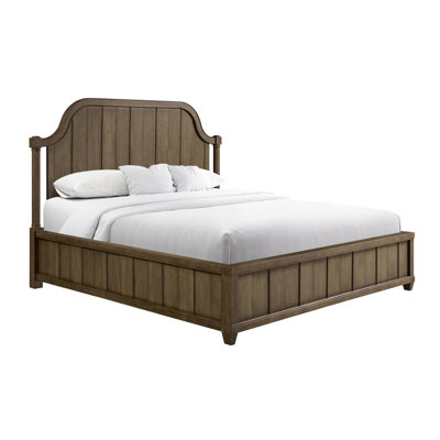 Très grand lit à panneau très grand fini en couleur amande, fabriqué à partir de placages, tête de lit arquée avec belle moulure, bois massif +, profondeur 88,99 po, largeur 83 po, hauteur 60 lb, placages utilisés, majestueux
