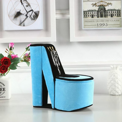 Boîte à bijoux de 9 po de hauteur avec crochets, conception de chaussures à talons hauts, velours turquoise