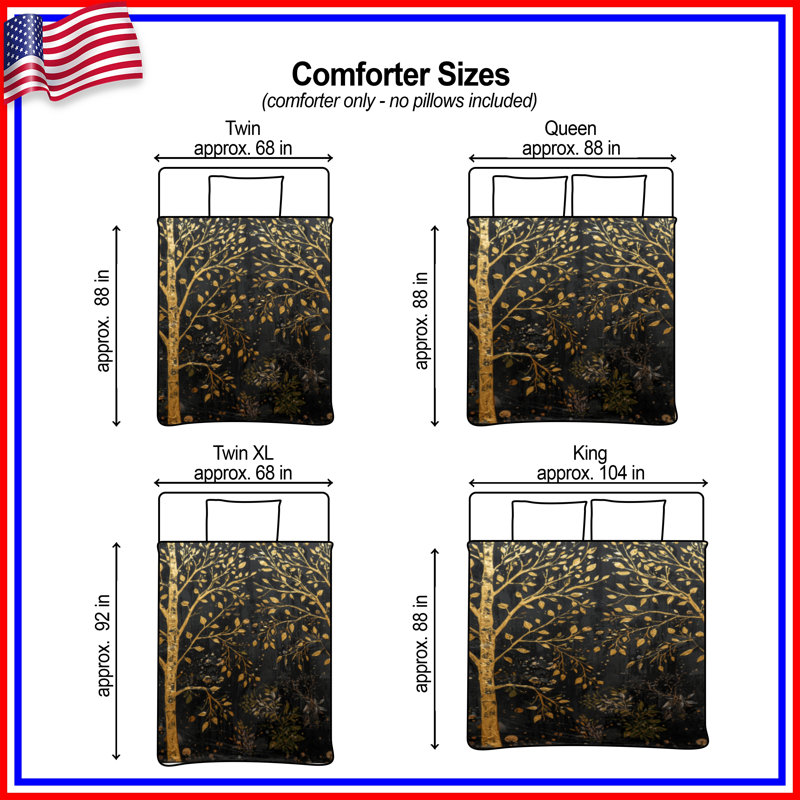 Golden Trees On Black Comforter, Twin
