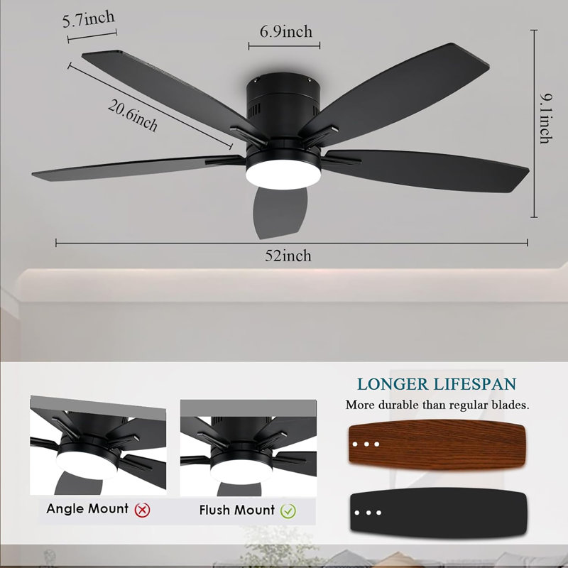 Ventilateurs de plafond avec lumières, ventilateur de plafond intérieur à profil bas de 52 po avec lumière et télécommande, à intensité variable, silencieux, réversible, ventilateur de chambre à coucher, intérieur / extérieur