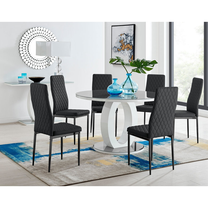 Scottsmoor 4 Seater High Gloss Round Dining Table Set with 4 Luxury Faux Leather Dining Chairs, White, Gray/White