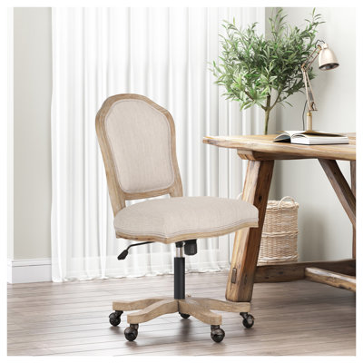 Chaise de bureau pivotante d'inspiration française avec structure en bois vieilli beige et tissu naturel