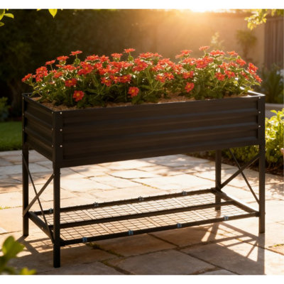 Galvanized Metal Raised Garden Bed with Legs, Storage Shelf, and Bed Liner for Efficient Gardening