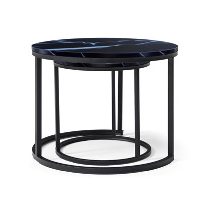 2 Round Black Coffee Tables With Marble Design, Functional In Living Room And Bedroom, Metal Composition Table Of 2, Top - Frame, Modern Practical For Different Areas