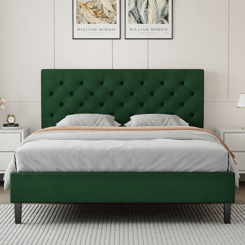 Structure de lit avec tête de lit, lit plateforme tapissier avec capitonnage à boutons Desigh, Grand lit, Vert