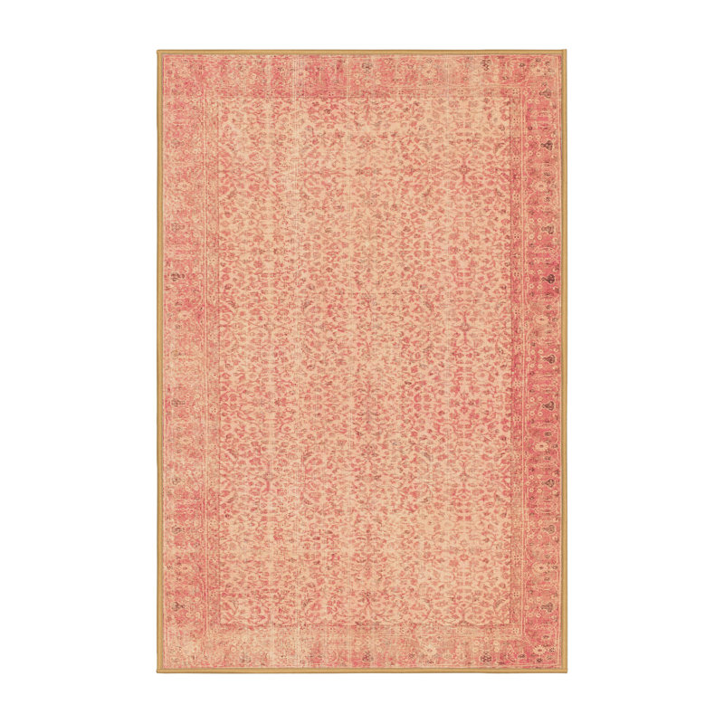 Tapis rose / beige en laine / polyester à motif abstrait tissé à la machine 7 pi x 10 pi