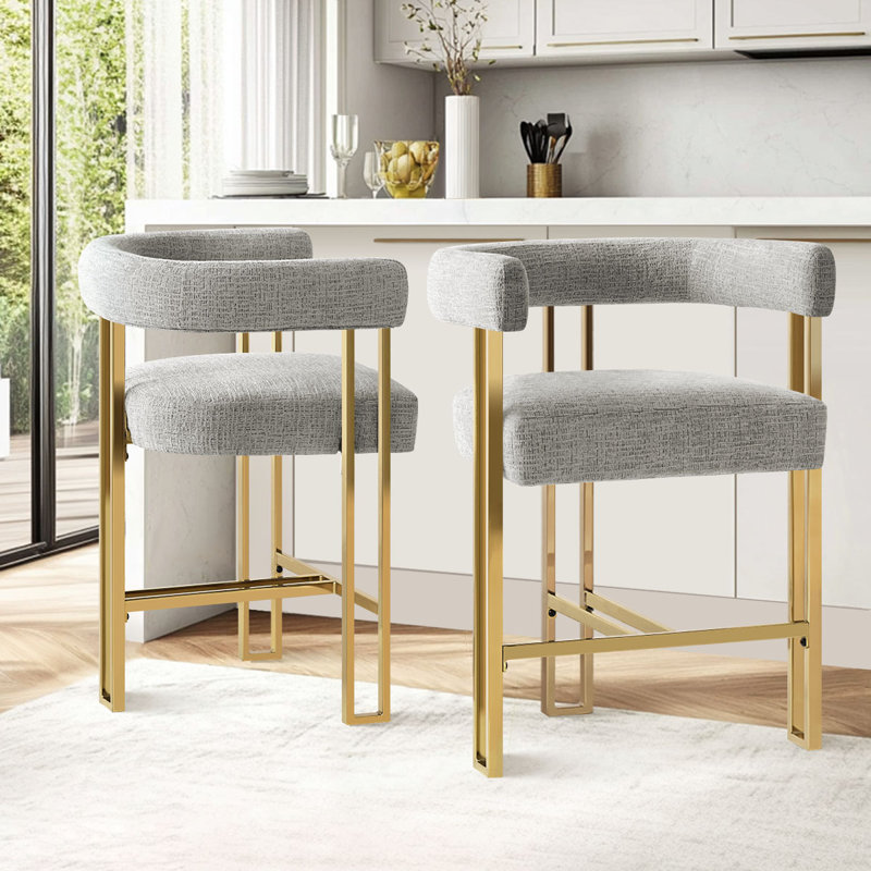 25" Upholstered Gold Chenille Arm Counter Stool (Set Of 2), Gray