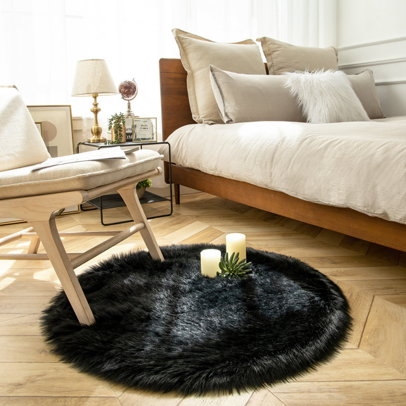 Soft Faux Fur Area Rug Fluffy Shag Decorative  Accent Rug for Bedroom, Round 3', Black