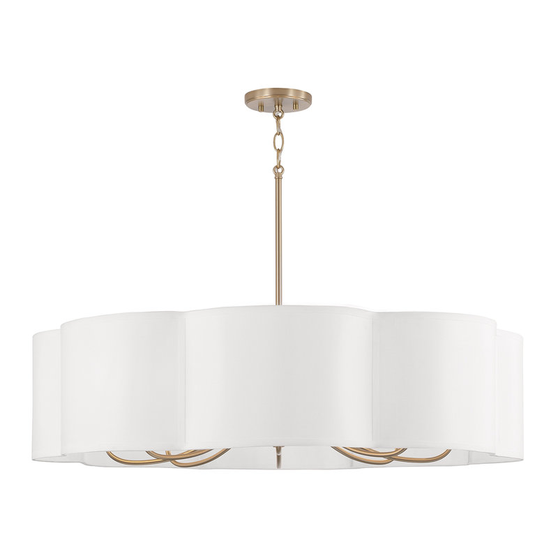 Lustre 8 lumières l 36 po x H 9 po en laiton mat avec abat-jour en tissu blanc