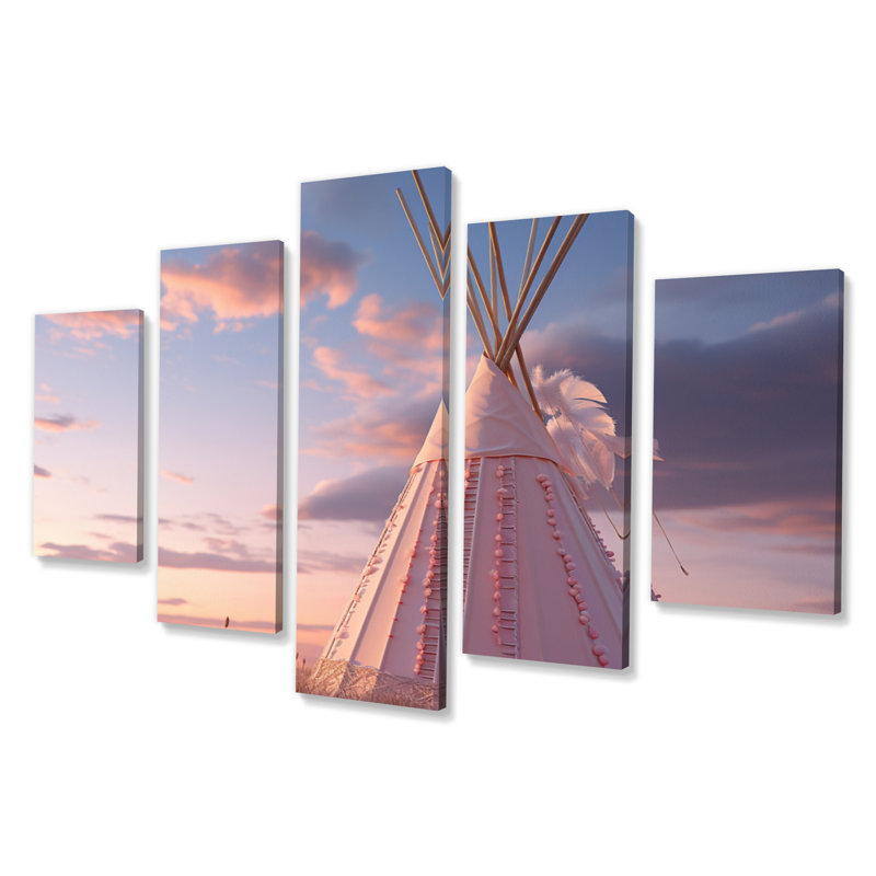 Native Tipi Dreamcatcher Whispers II - Art mural sur toile Native American - 5 panneaux