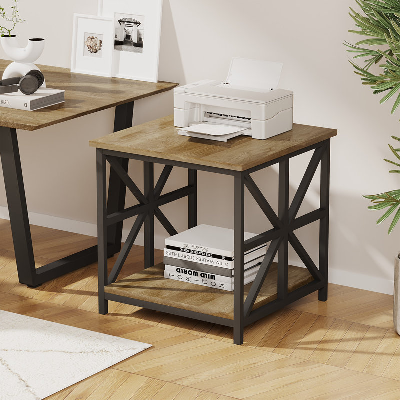 Table d'appoint de style champêtre, table d'appoint carrée à 2 niveaux avec tablette de rangement, table de chevet industrielle avec structure métallique en forme de X, table d'appoint rustique pour salon ou chambre.