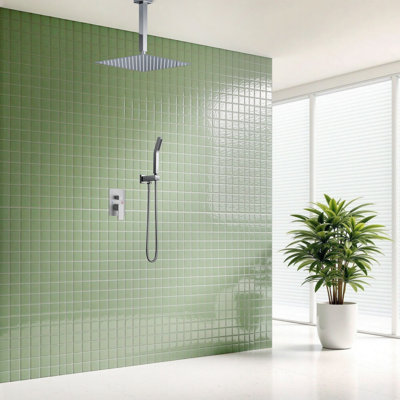 Forious® 10 In Rainfall Shower System - Ceiling Mount, Rain Shower Heads With Handheld Spray, Thermostatic Shower Faucet Set Complete Shower Trim Kit With Rough-in Valve