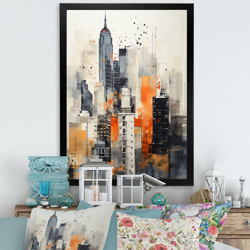 «Kirol Orange Grey Minimalisme Urban Rhythm II», reproduction sur toile, H 32 po x l 16 po x P 1 po, Cadre photo noir