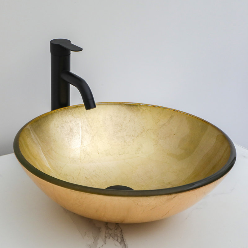 16.5" Glass Circular Vessel Bathroom Sink with Pop-Up Drain and Faucet, Gold
