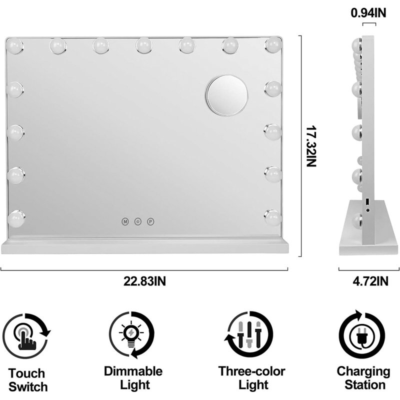 Miroir grossissant de maquillage / rasage Thatch 14/15 lumières, Blanc, 17,32 po x 22,83 po