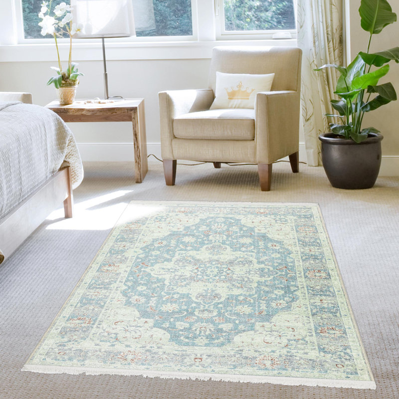 Greenish Blue Medallion Flatweave Washable Area Rug 4' x 6'