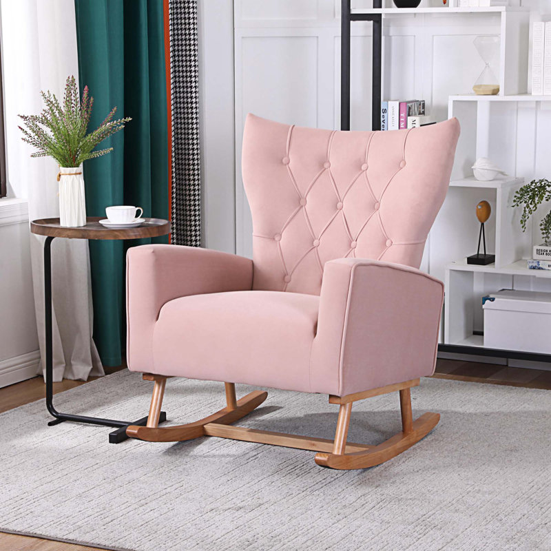 Chaise berçante en bois massif et manufacturé, Velours rose