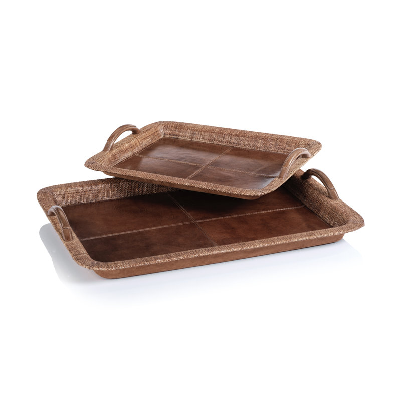 Plateau de service en cuir et raphia Cadwyn, H 2,75 po x L 18 po x l 14 po