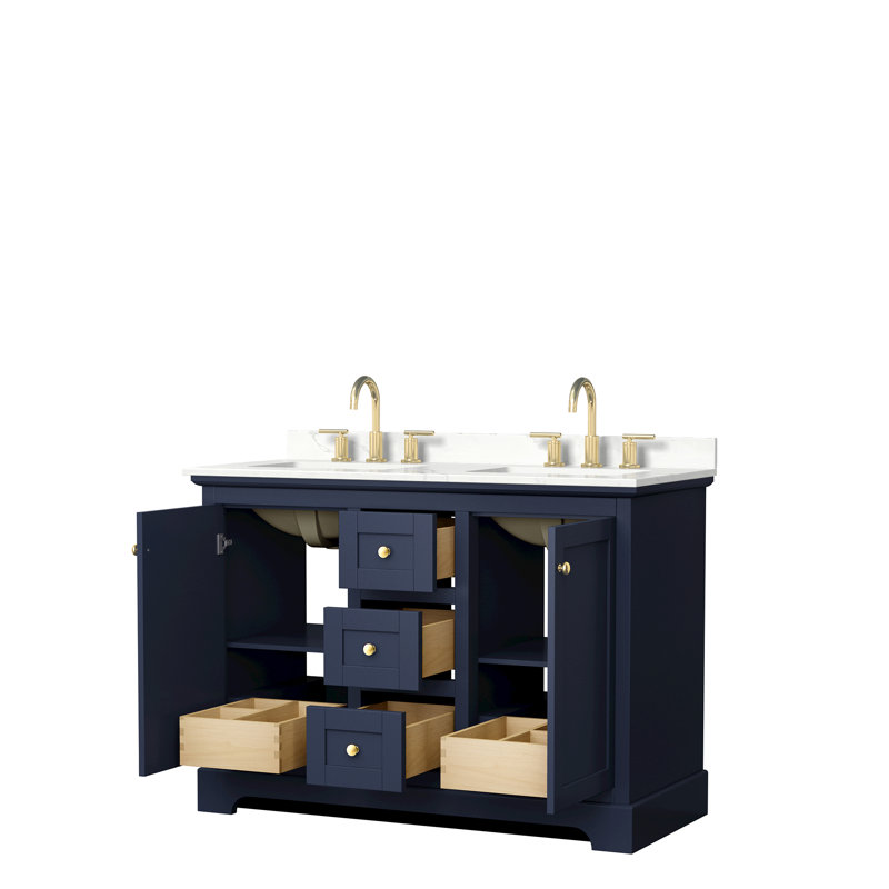 Avery 48'' Double Bathroom Vanity with Quartz Top, Dark Blue, Giotto Quartz, Brushed Gold