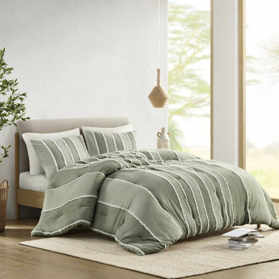 Couette rayée 3 pièces Sauge Grand/Queen - Housse et rembourrage en coton à rayures avec accents blancs - Lavable à la machine - 100 % coton - Linge de maison