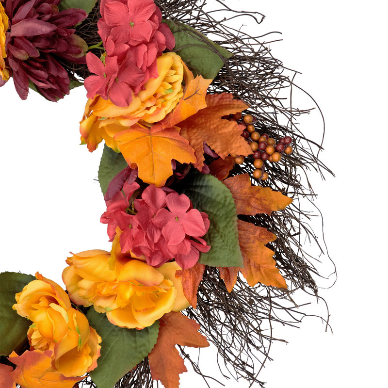 24" Autumn Harvest Artificial Floral Wreath with Feather Accents