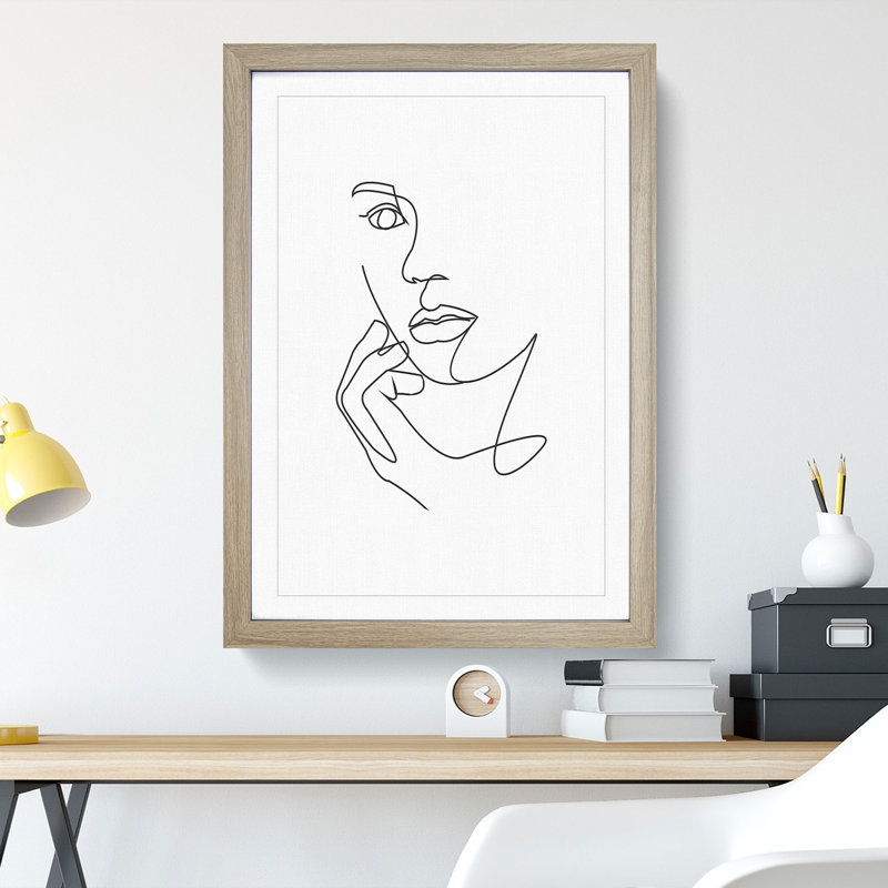 Line Female Face - Picture Frame Drawing, 90cm H x 65cm W x 2cm D, Oak Framed