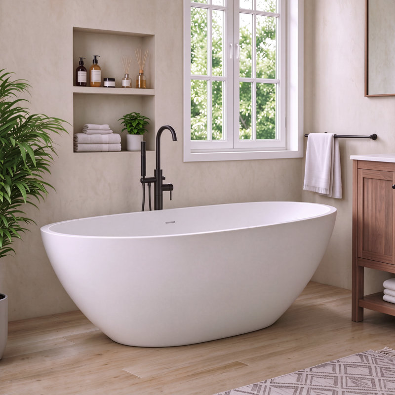 59’’ x 30’’ Matte White Solid Surface Freestanding Bathtub Soaking Tub