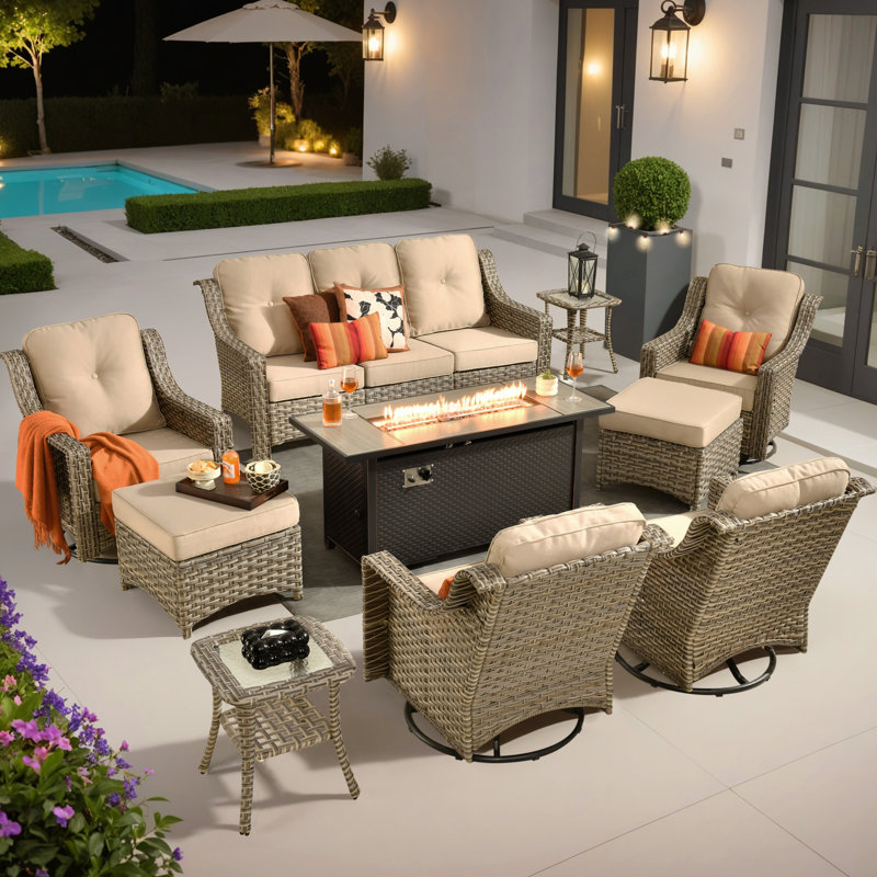 10- Person Rattan Outdoor Seating Group With Swivel Rockers and Fire Pit Table, Beige