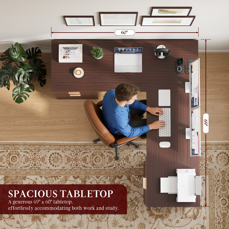Bureau double 69 po en L avec 4 tiroirs, armoire et station de charge