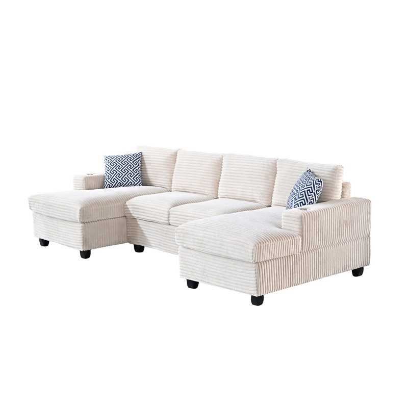 Canapé modulaire multifonctionnel en L avec revêtement en velours côtelé, porte-gobelets intégrés, méridiennes doubles et coussins décoratifs