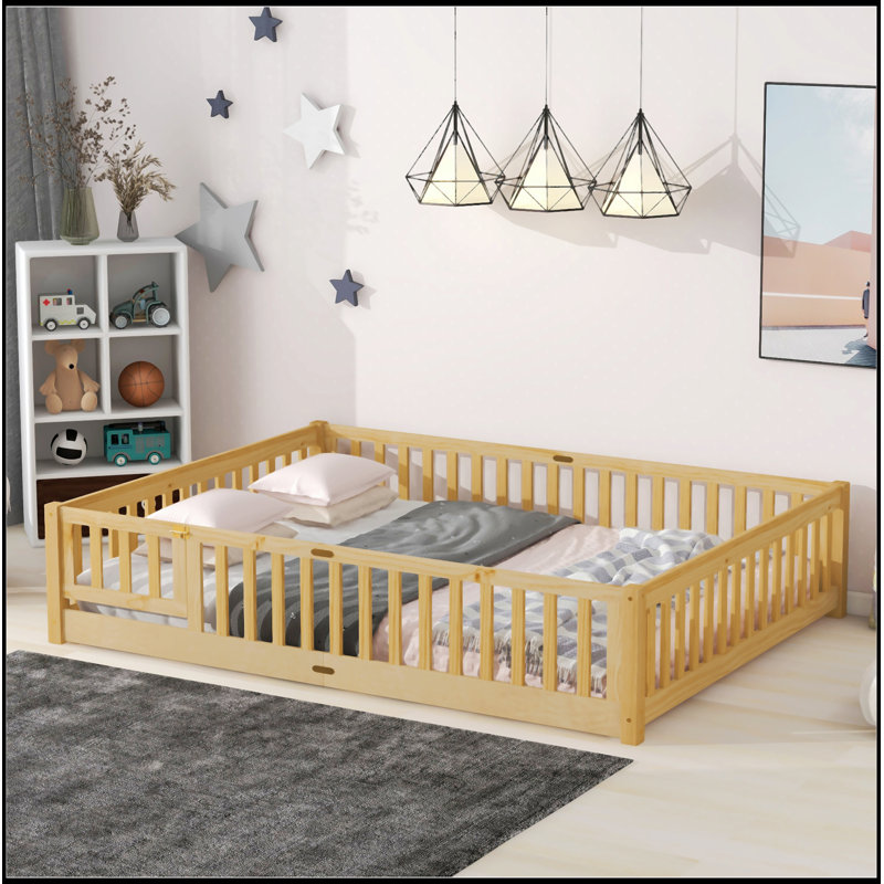 Floor Platform Bed With Fence Guardrails And Door, White, Queen