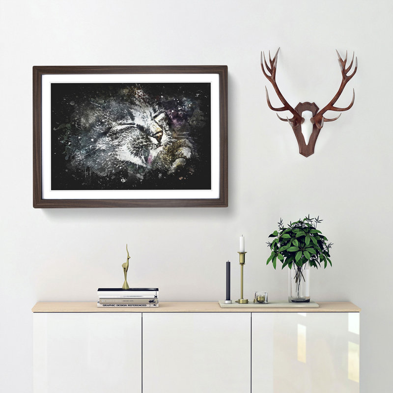 Cat Licking its Paw - Framed Print, 45cm H x 63cm W x 2cm D, Walnut Framed