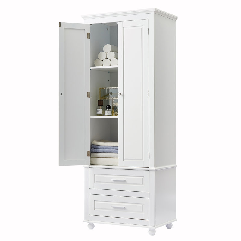Botond Bathroom/Office Tall Cabinet with 2 Drawers, White