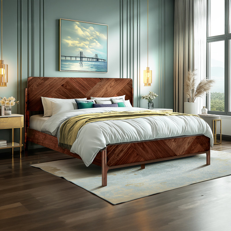 Bifrost 100% Solid Acacia Wood Platform Bed With Tall Headboard And Footboard, Mid-Century Art Deco Design, No Box Spring Needed, Sturdy Slat Support, Scratch & Water-Resistant