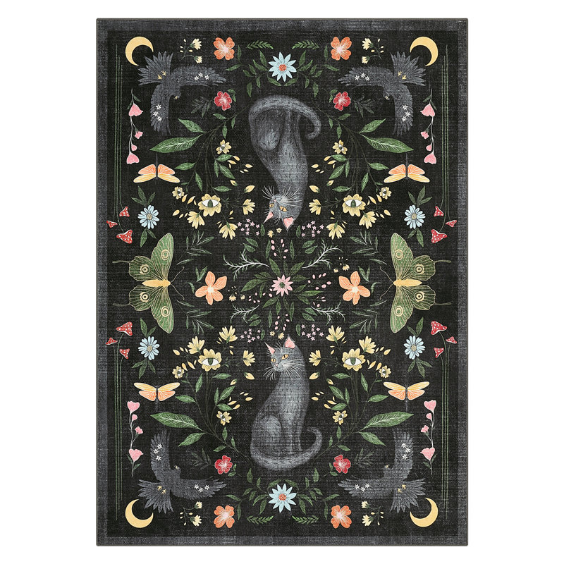 Tapis floral et chat lavable pour salle de bain, salon et chambre à coucher, Noir, Rectangle 84 po x 60 po