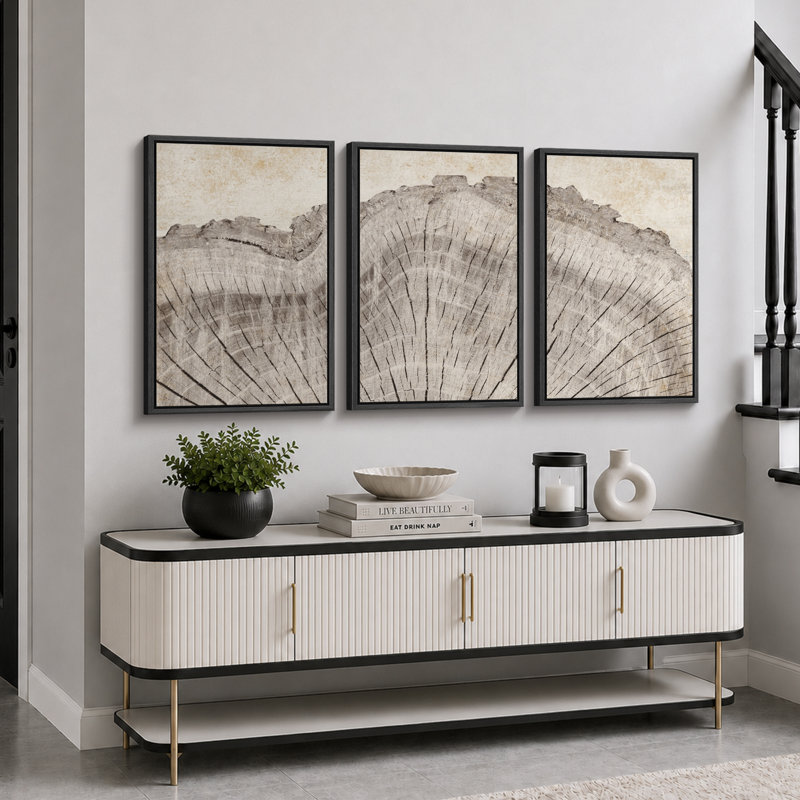 Anneau d'arbre «Œuvre de souche en bois de chêne rustique, décor de cabane de ferme, photos murales neutres, 3 pièces encadrées sur toile, impression numérique sur giclée»
