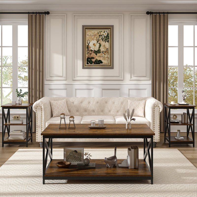 17 Stories Living Room Coffee Table Set of 3, Industrial Triangular-Design Coffee Table and 2 End Side Tables, 3 Piece Living Room Table Set with Large Storage for Apartment Home (Brown Wood)