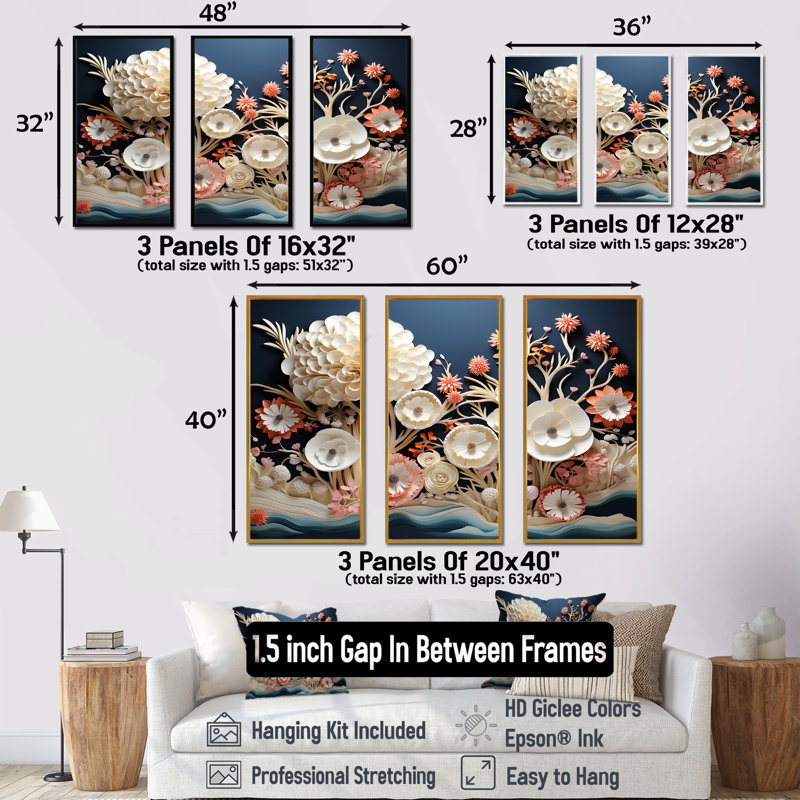 Fleurs de corail - ensemble d'art sur toile corail sous l'eau, Cadre naturel flottant, H 28 po x l 36 po x P 1 po