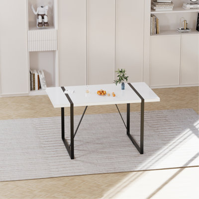 55 " modern rural industrial rectangular MDF white dining table, suitable for 4-6 people, equipped with black rectangular metal legs, used for home &