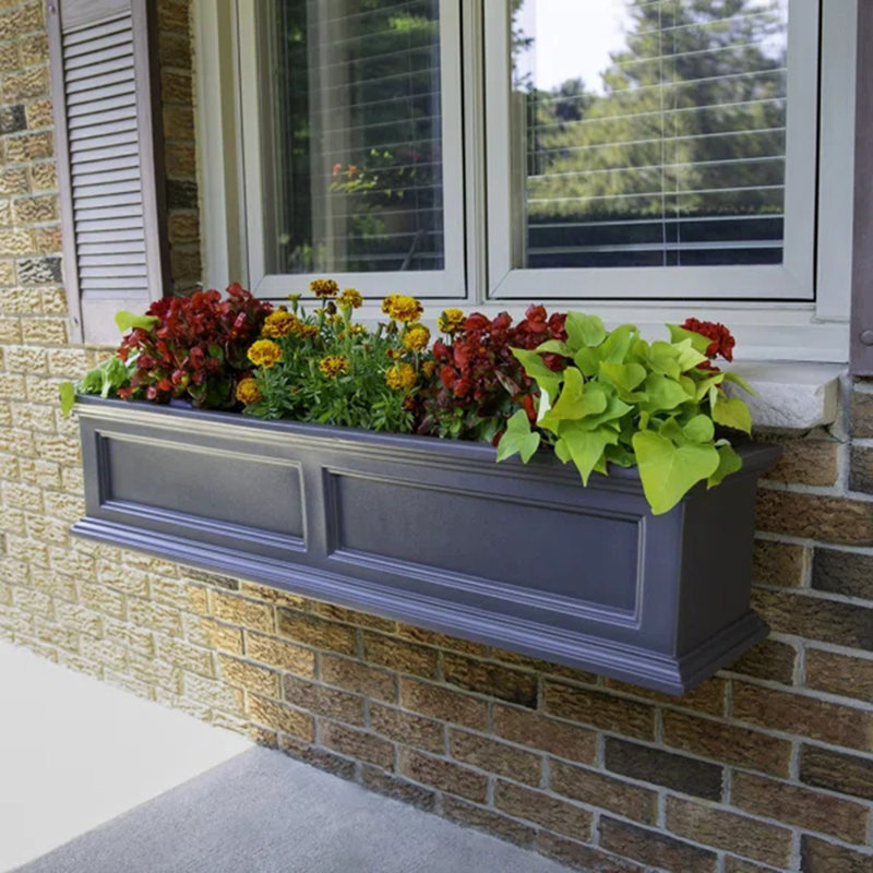 The Anastasiya Resin Window Box Planter with Water Reservoir, 10.8" H x 60" W x 11" D, Graphite Gray