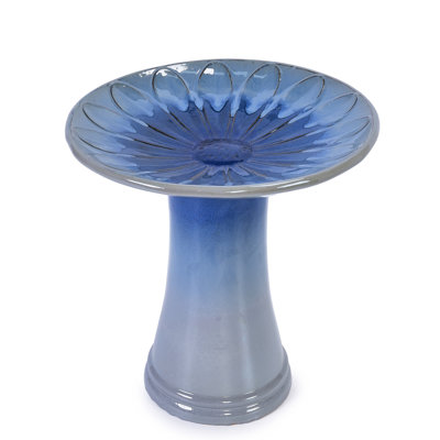 17'' Outdoor Bird Bath, Floral Pattern, Blue Gradient Finish, 18.11 - Inch Total Height, Safe Shallow Water For Multiple Activity Lightweight Pedestal Glazed Ombre, Optimal Space Play, Hand Crafted,