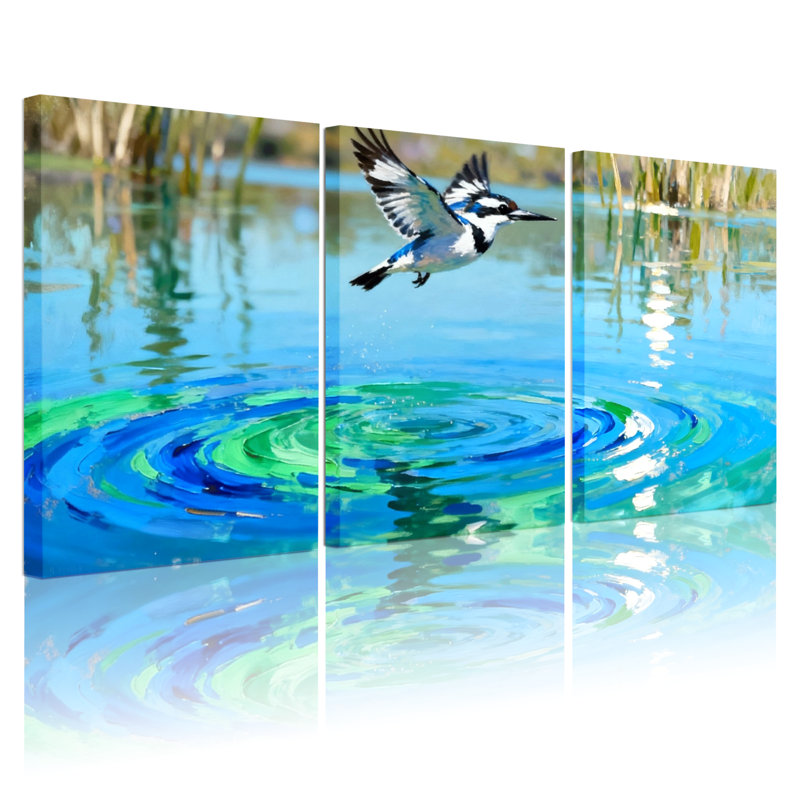 Oiseaux Martin-pêcheur volant au-dessus de l'eau, ondulations, réflexions, ensemble de 3 reproductions d'art sur toile