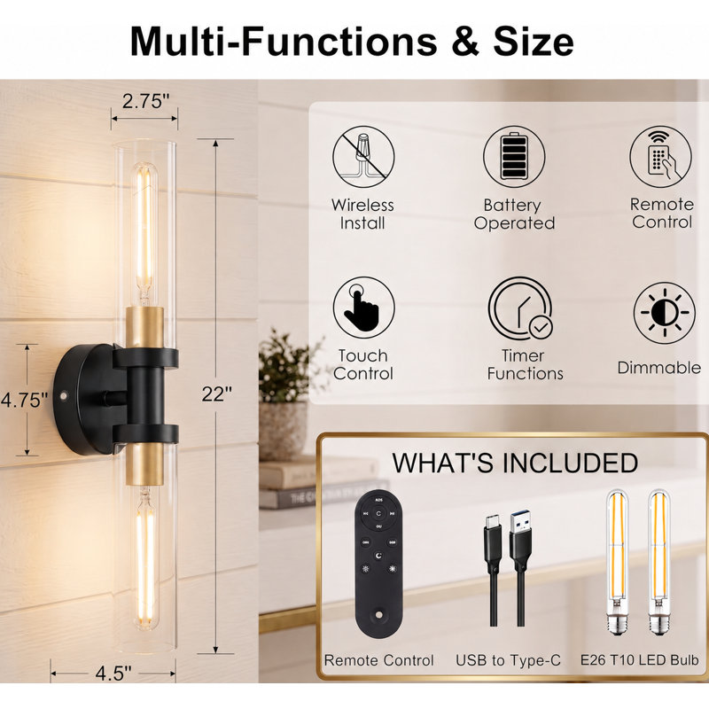 Battery Operated Wall Sconce Set of 2, 12000mAh Rechargeable Wall Lights with Remote Control, Wireless Dimmable Wall Lamps for Bedroom Living Room Bathroom Hallway Stairwell, Black & Gold