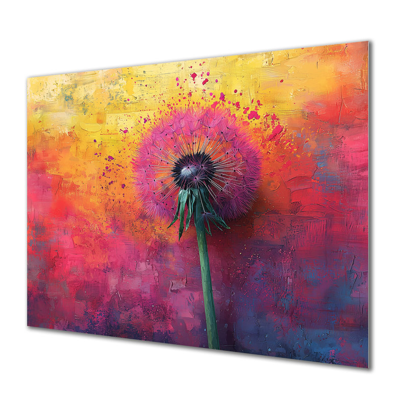 Neon Dandelion Burst In Bright Neon Pop Art I - Décoration murale pissenlit en métal, H 12 po x l 20 po